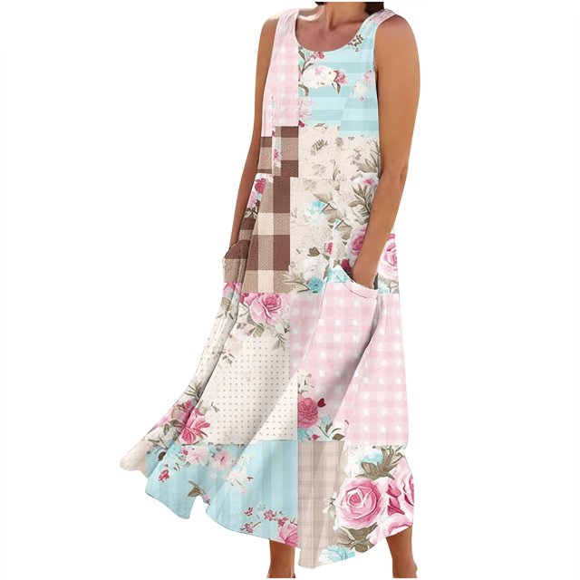 RKSTN Robes d'Été pour Femmes 2024 Boho Sans Manches Col Rond Imprimé Floral Ample Grande Taille Robes d'Été Mode Fluide Maxi avec Poches