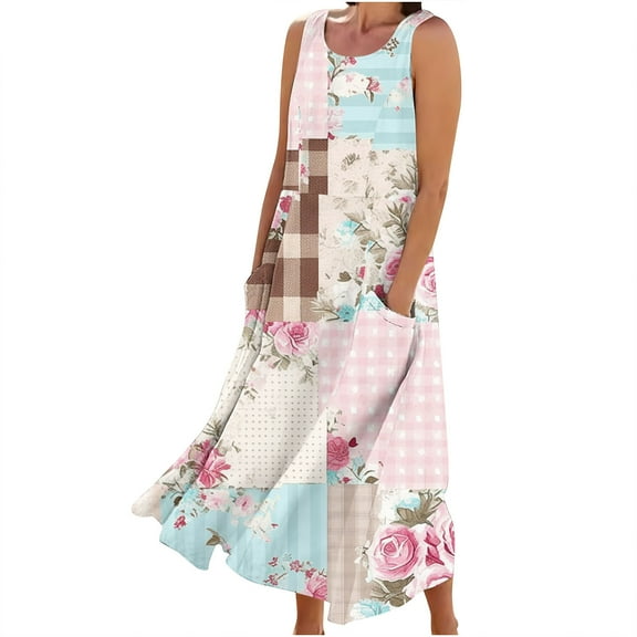 Giftesty Summer Dresses for Women Sleeveless Cotton and Linen Round Neck Printed Long Dress with Pocket
