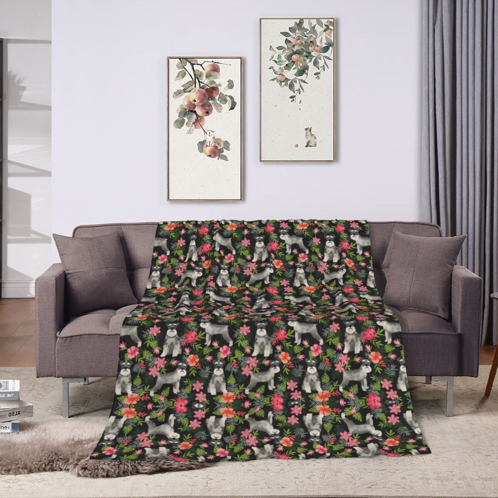 Wijzvio Schnauzer Floral Dog Throw Blanket Soft Fuzzy Fleece Blanket For Couch Bed Living Room Decoration 60"X50"