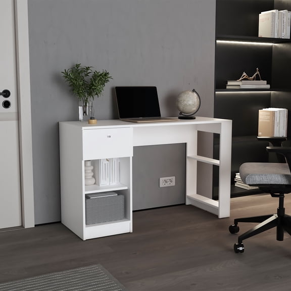 47" Wide White Desk with 4 Shelves and 1 Drawer Office Desk for Home Office and Living Room