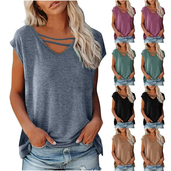 HAPIMO Women's Trendy Loose Cotton Lined Pullover Summer Tees Short Sleeve V Neck Keyhole Shirts Casual Relaxed Workout Blouses for Teen Girls Solid Color Black L