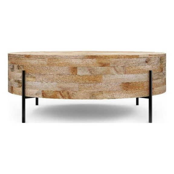 Pemberly Row MANGO WOOD 38" Wide Round Industrial Drum Coffee Table in Natural