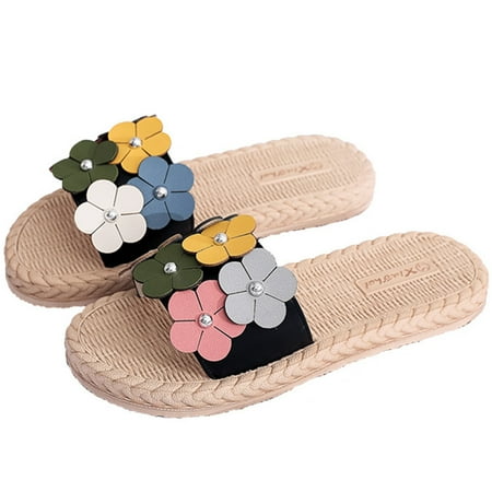 

Cathalem Indoor Slippers Women Size 5 Women s Shoes Summer Beach Slippers Flowers Imitation Straw Weave Flat Slippers Shoes Black 8