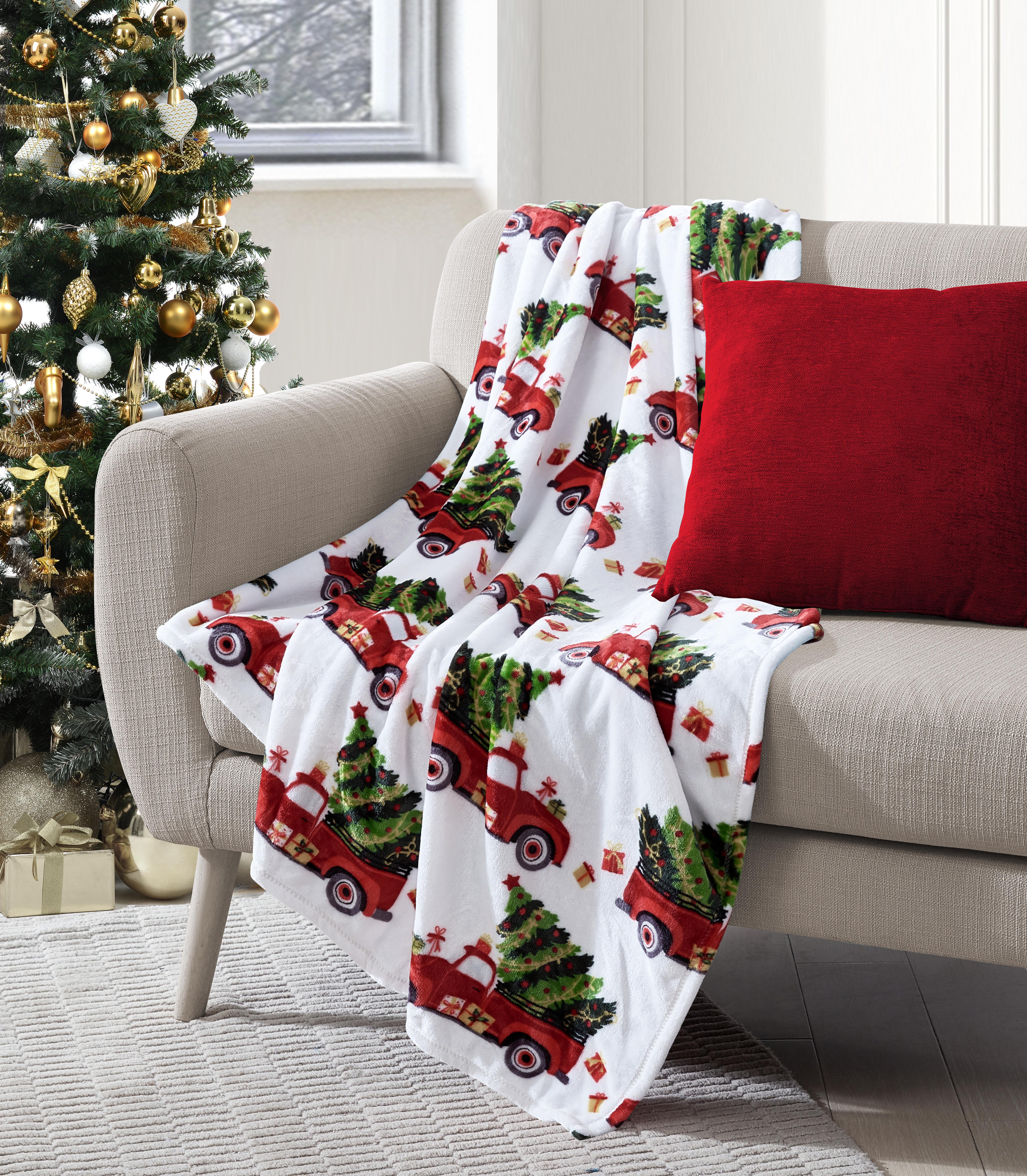 Soft Warm Throw Blanket Christmas Farm Red Car Truck with Christmas Tree Merry Christmas Lightweight Throw Blanket for Couch Sofa Bed，Home Office Use & Machine Washable 59×79 inch
