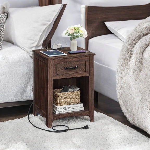 LEDREM Farmhouse Nightstand with Charging Hub - Bedside Table with Drawer & Open Shelf, USB/AC Outlets, Premium MDF, Maroon Brown