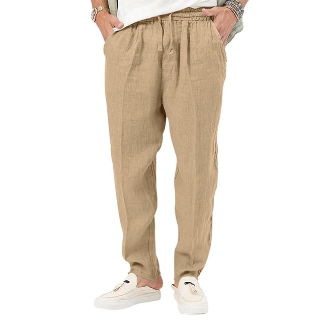 Innerwin Trousers Drawstring Men Bottoms Holiday High Waist Lightweight Summer Pants Khaki L
