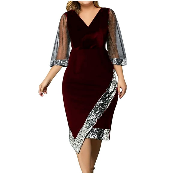 Wine Dresses for Women Solid Color See Through Short Sleeve Sequins Dress Plus Size V-Neck Slim Fit Vintage Cocktail Formal Prom Dress Maxi Retro Elegant Wrap Blouse Waisted Ruched Dress,S