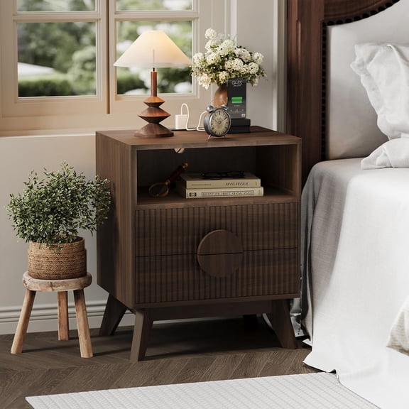 Modern Fluted Night Stand, Wood Nightstand Bedside Table End Table with Charging Station, Drawers and Storage Shelf for Living Room Bedroom
