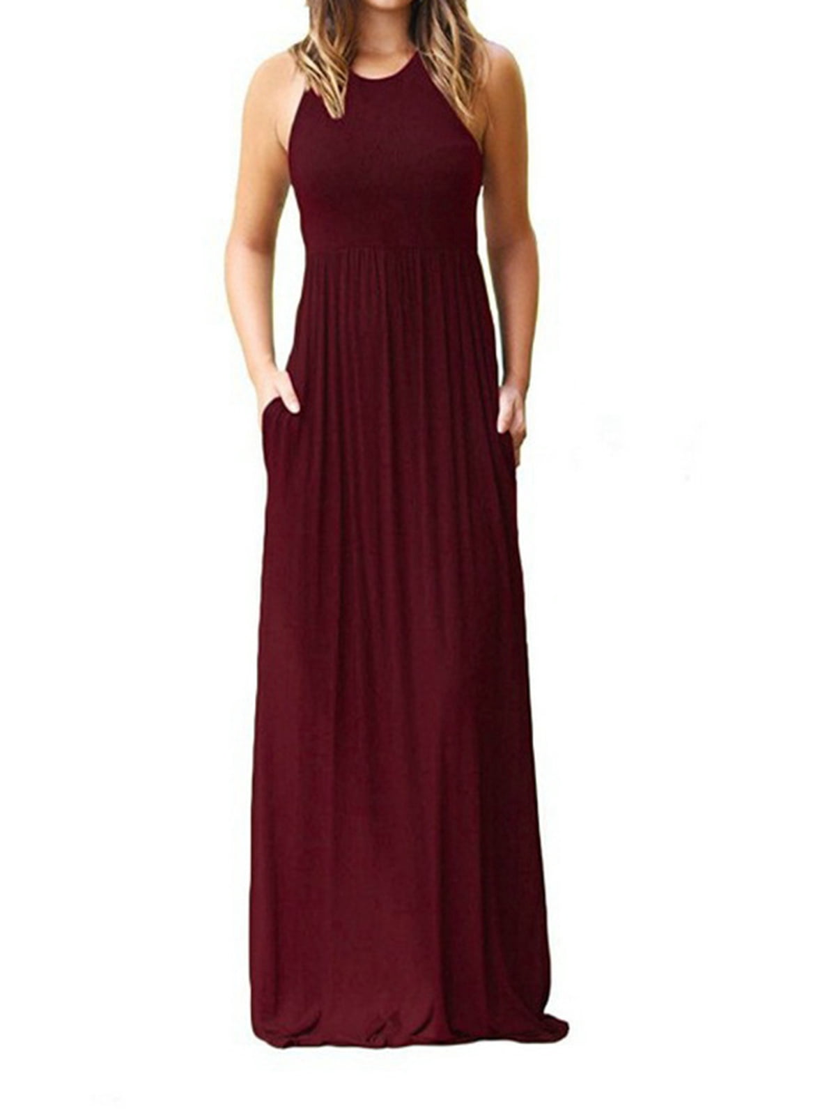 CUE AIR Women Plus Size Maxi Dress Casual Solid Color Crew Neck with Pocket  Tank Dress - Walmart.com