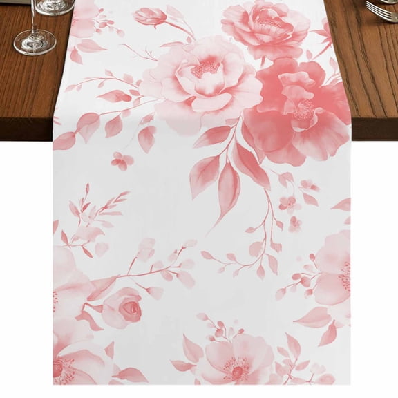 Pink Floral Art 120 Inch Table Runner, Watercolor Botanical Spring Flowers Farmhouse Dresser Scarf Cotton & Linen Tablerunner for Dining/Kitchen Island/Holiday Party Décor 13" x 120"