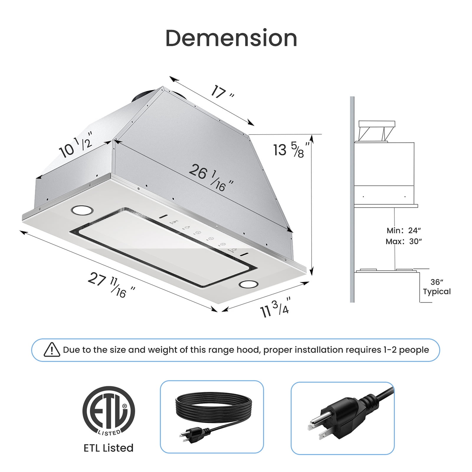 VIKIO 30 inch Insert Range Hood 900CFM Convertible Ducted to Ductless Exhaust Fan, Carbon Filter, Touch Panel, Stainless Steel, Silver