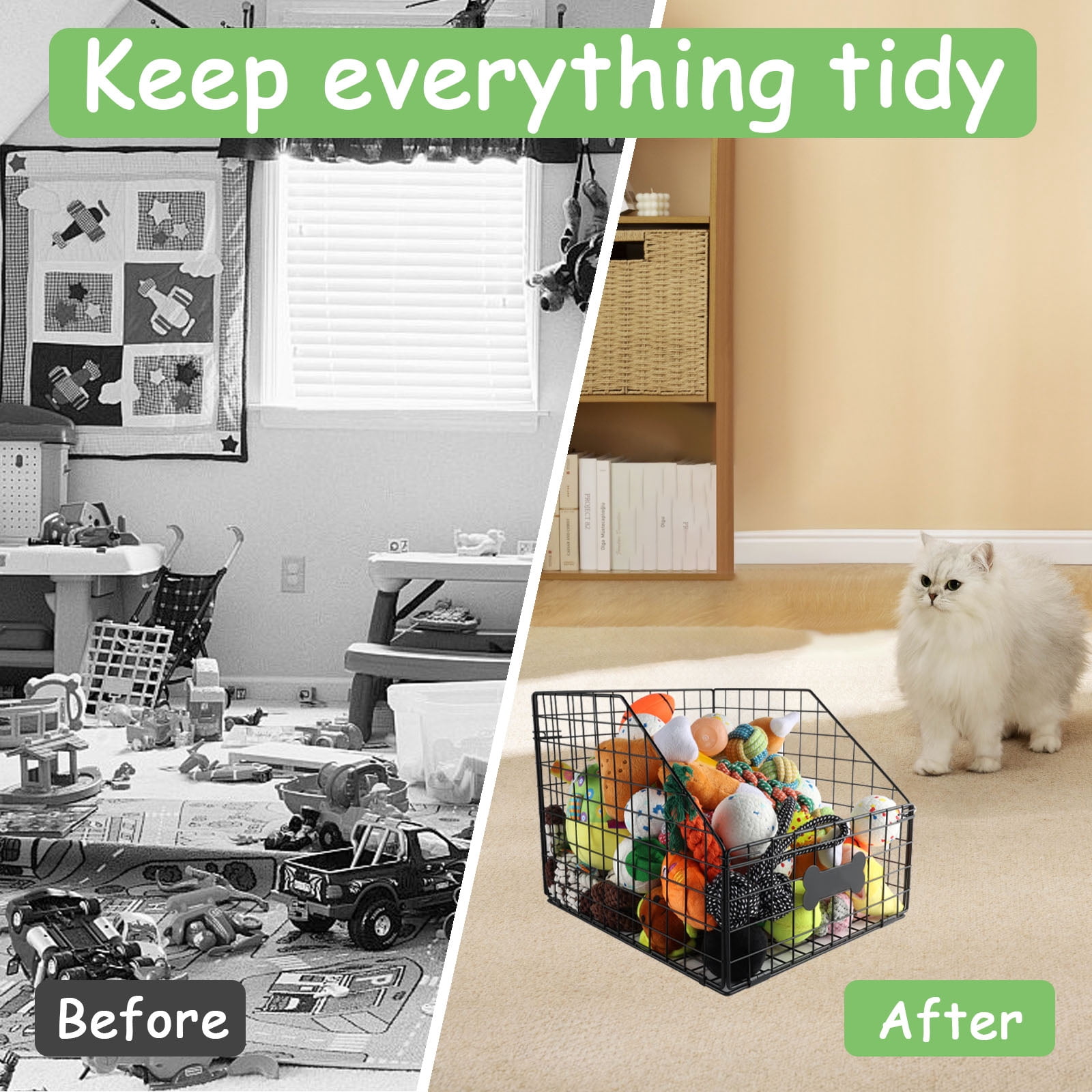 Brabtod Collapsible Metal Wire Pet Toy Storage Basket with Personalized Label, Large Capacity Organizer for Dog & Cat Toys, Blankets, and Supplies