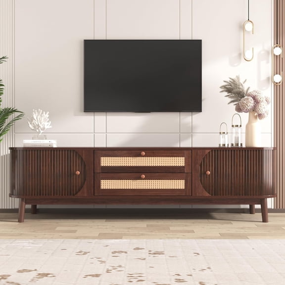 Mid Century Modern TV Stand, Fluted Entertainment Center for TVs up to 75", Media Console with 2 Tambour Doors and 2 Rattan-Front Drawers, TV Cabinet for Living Room