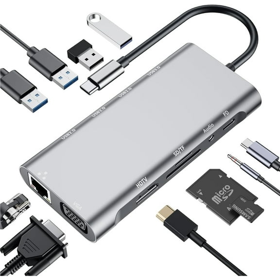 USB C Hub 11 in 1, USB C Docking Station with 4K HDTV, VGA, PD100W Power Supply, 4 x USB-A, Ethernet, SD/TF Card Reader, 3.5 mm Audio, Docking Station Type C for iPhone 15/16, MacBook, iPad
