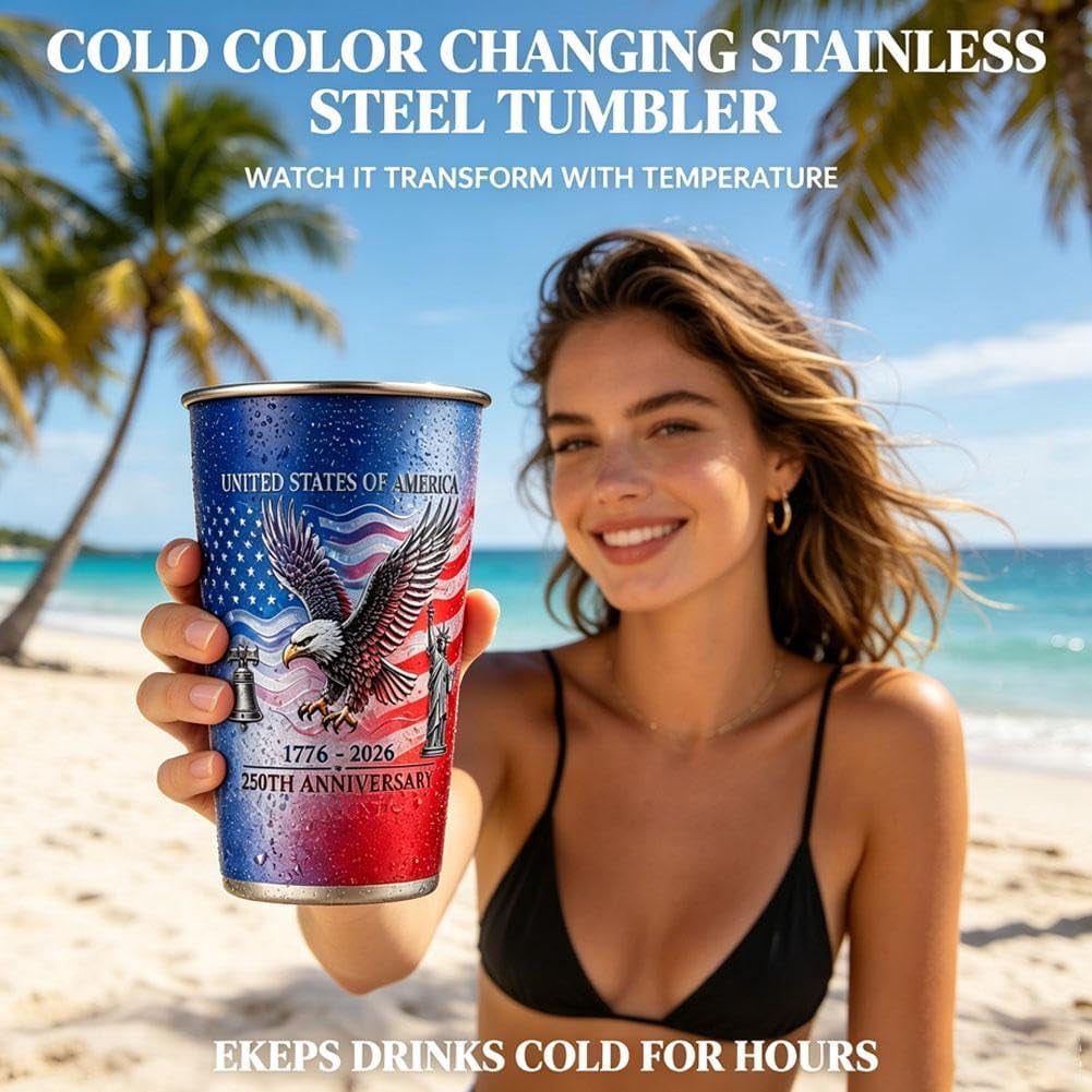Patriotic Color Changing Cups, 250th Anniversary USA Stainless Steel Tumbler 16.9 oz, Cold Activated Red White Blue Reusable Drinking Mug