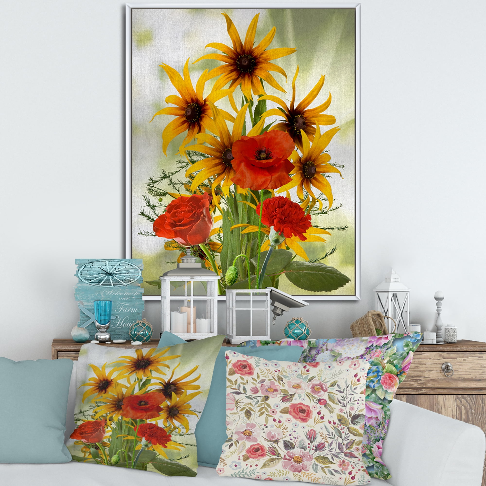 Designart 'Poppies and Sunflowers In The Wild' Traditional Framed Canvas Wall Art Print
