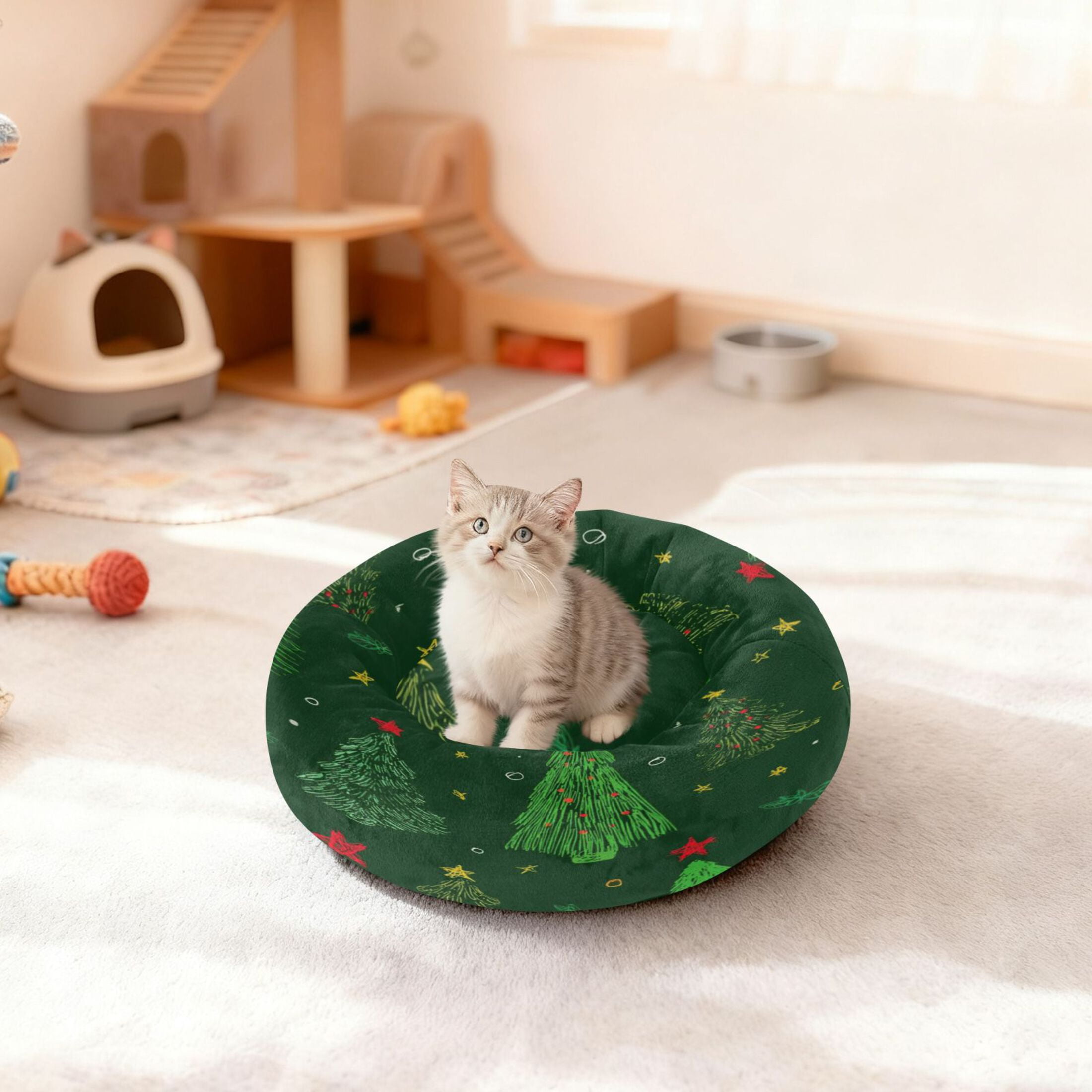 Iauyy Pet Couch Donut Cat Bed for Indoor Cats/Small Dogs Washable & Machine with Non-slip Bottom Calming Cat Furniture, Red and Yellow Stars (S)