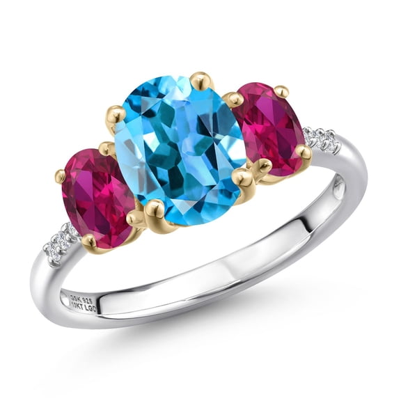 Gem Stone King 925 Silver and 10K Yellow Gold Swiss Blue Topaz and Red Created Ruby and Lab Grown Diamond Engagement Ring for Women | 3.31 Cttw | Oval 9X7MM | November Birthstone | Size 7