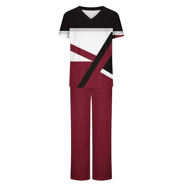 Camisetas de Manga Larga Mujeres Imprimir Manga Corta V-Cuello Superior Y Pantalones Largos Traje de Trabajo Conjunto, Nylon para Primavera Verano Casual