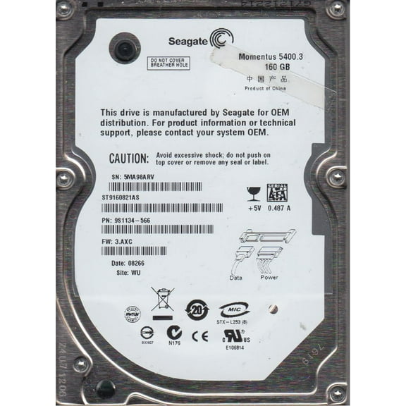 ST9160821AS, 5MA, WU, PN 9S1134-566, FW 3.AXC, Seagate 160GB SATA 2.5 Hard Drive
