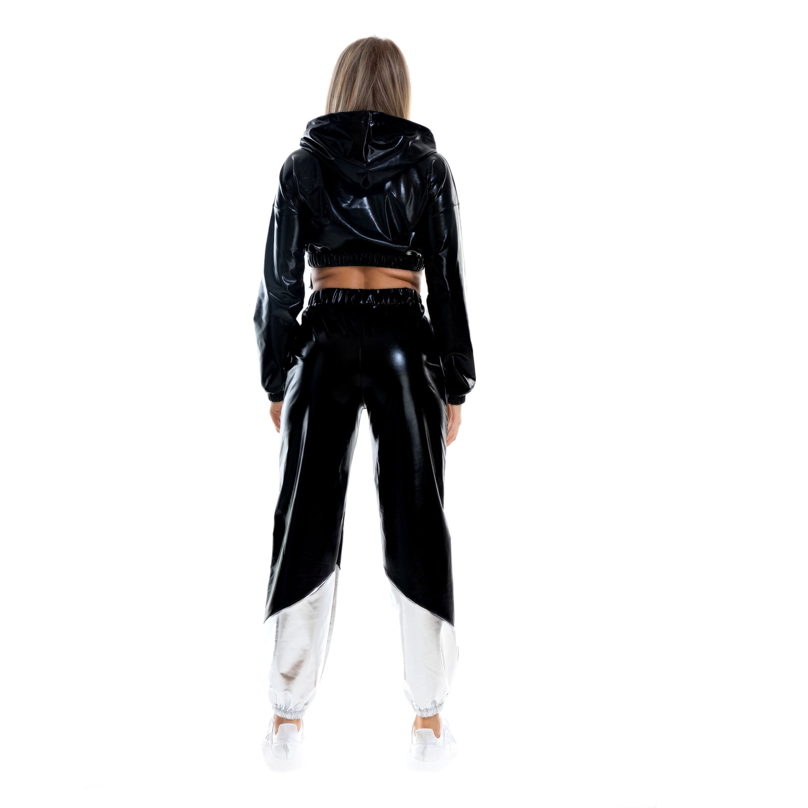 IBTOM CASTLE Women's Rave Outfit Shiny Crop Top Hoodie Casual Long Pants Hooded Workout Sweatshirt Dance Clubwear XXL Black