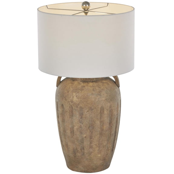 DecMode 29" Distressed Pot Vase Brown Table Lamp with Cream Linen Shade
