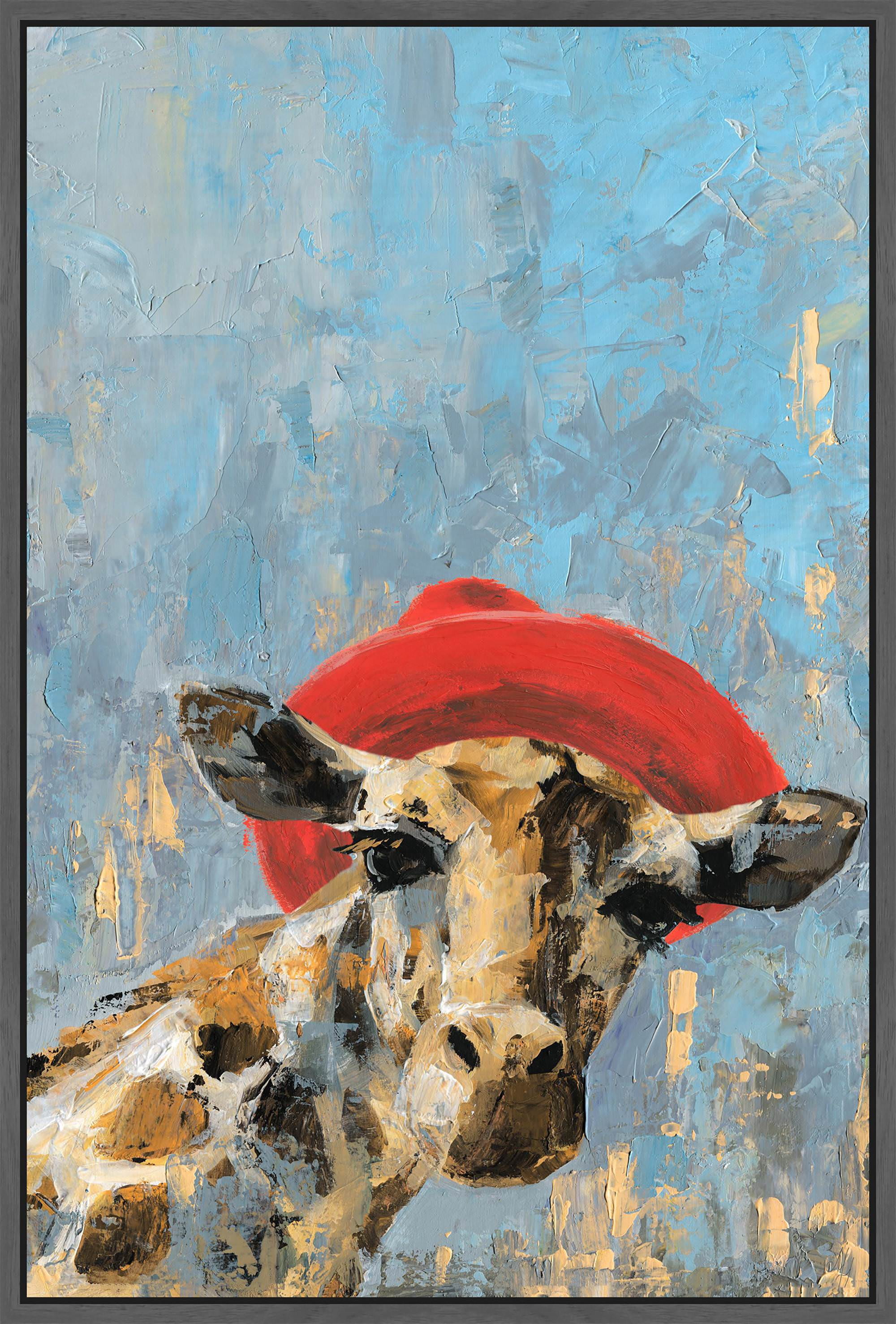 Giraffe's Red Hat Floater Framed Painting Print on Canvas