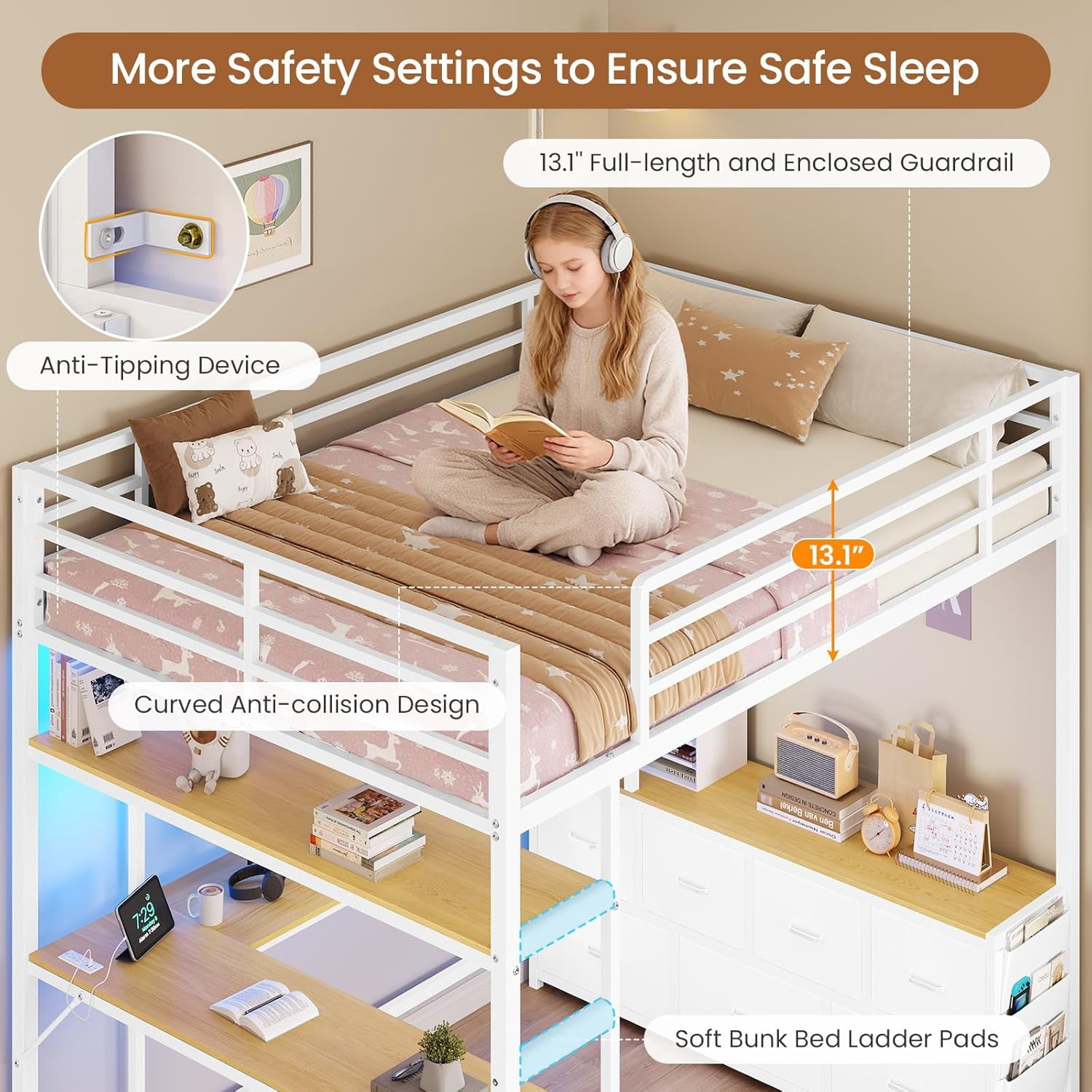 Full Size Loft Bed with Desk and 7 Storage Drawers Metal Full Loft Bed Frame with Led Lights, Charging Station, Storage Shelves, Safety Guardrail and Ladders, White