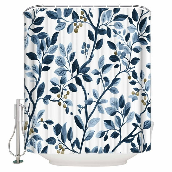 Small Stall Shower Curtain 48x72 Inch Narrow Half Size Navy Blue Botanical Bath Curtains Bathroom Decor Summer Spring Leaves Waterproof Fabric Shower Curtain Set with Hooks 48 Inch