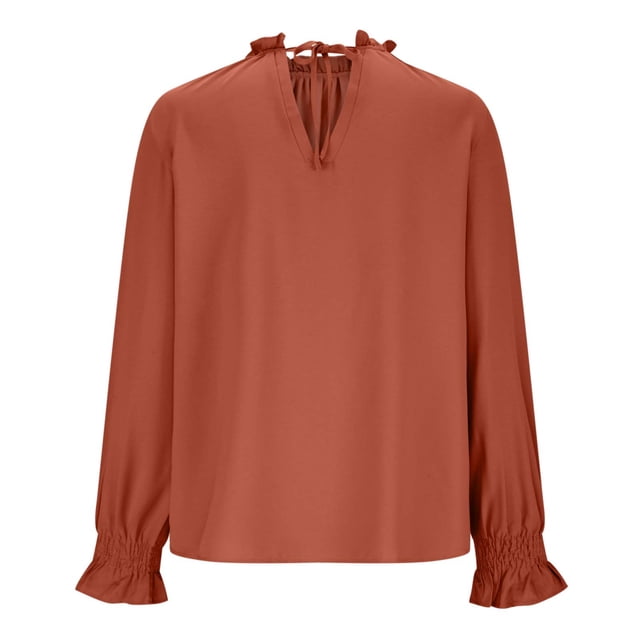 Tops Para Mujer Blusa Casual Elegante Camisas de Manga Larga Cuello en V Manga de Pétalo Color Sólido Parte Superior Suelta Odeerbi ODB173453