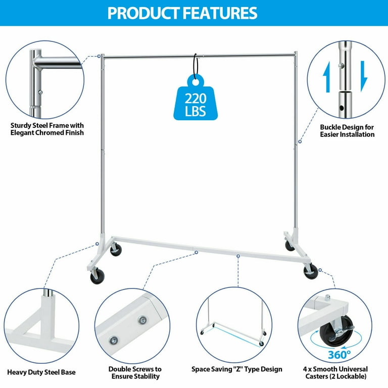 ZenStyle Heavy Duty Metal Garment Rack, Movable Rolling Cloth