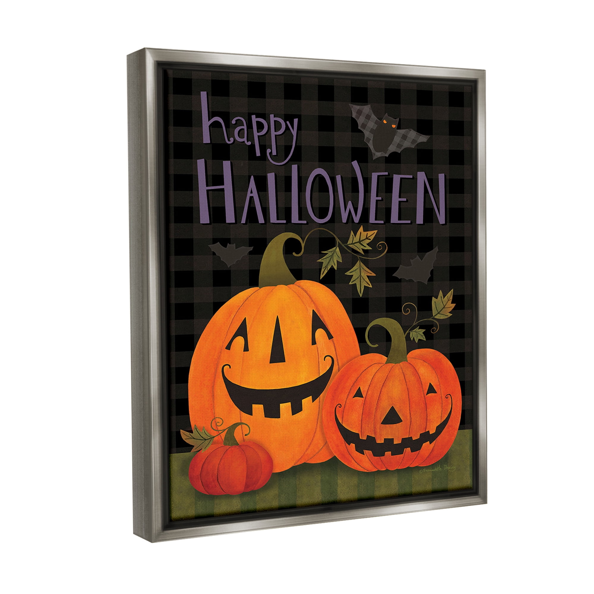 Stupell Industries Pumpkins & Bat on Plaid Holiday Painting Gray Floater Framed Canvas Art Print Wall Art, 17 x 21