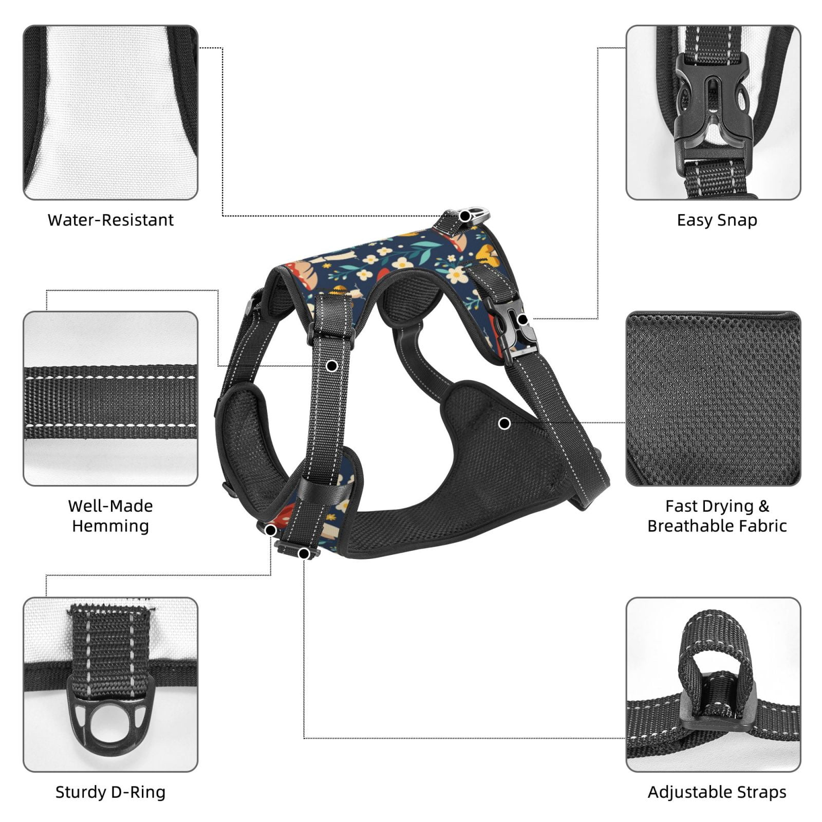 Naloa Colorful Mushrooms Pet Harness Vest with Traction Rope, Adjustable No-Choke Dog Vest for Outdoor, Walking - Small
