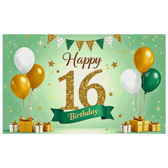 Green Glittery 16th Birthday Banner with Balloons Stars and Presents Background Backdrop Party Supplies Photography Props Birthday Party Decorations