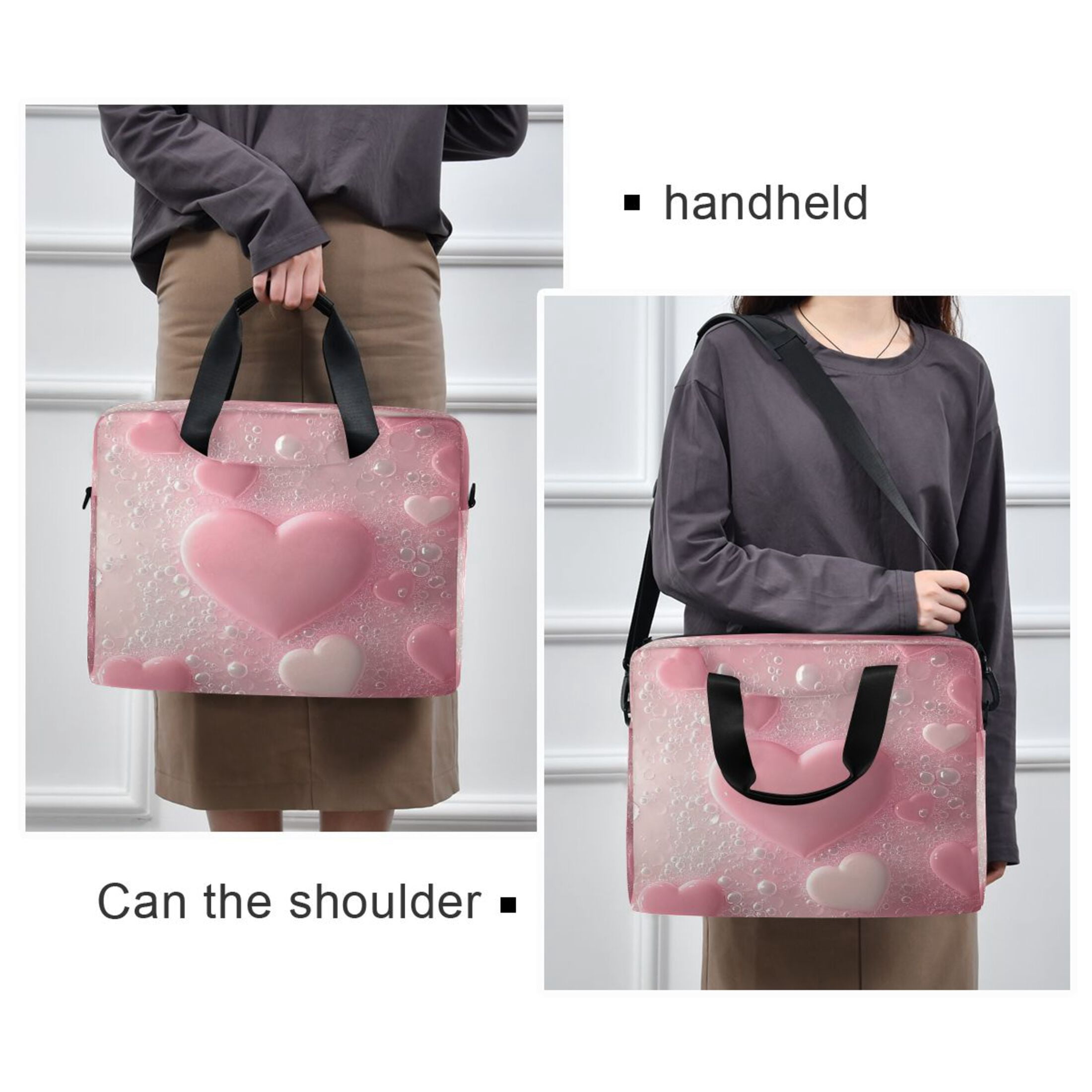16" Laptop Tote Bag Laptop Sleeve Case Computer Briefcase for Work & Travel Pink Heart Bubbles