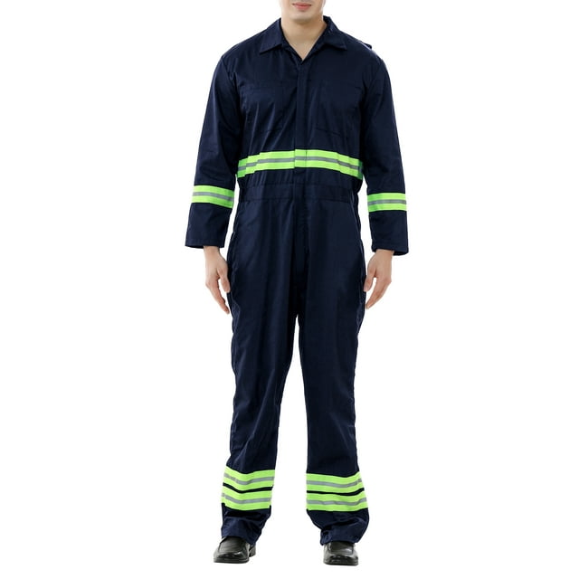TOPTIE Men's Long Sleeve High Visibility Coverall with Green Reflective Tape Workwear Jumpsuit-Navy-2XL Regular