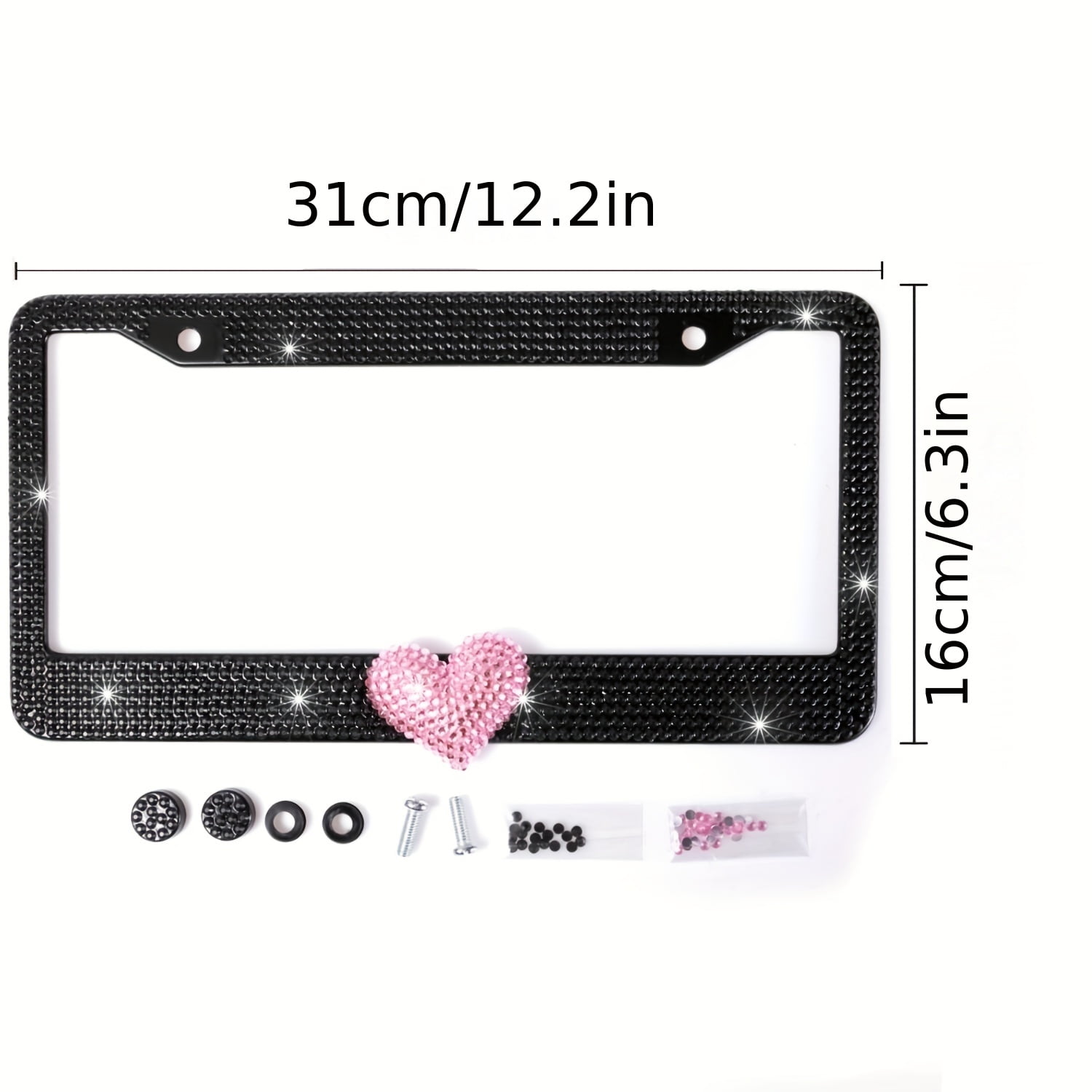 2pcs Pink Heart Design Crystal License Plate Frames,Bling License Plate Covers,Rhinestone License Plate Holder For Women