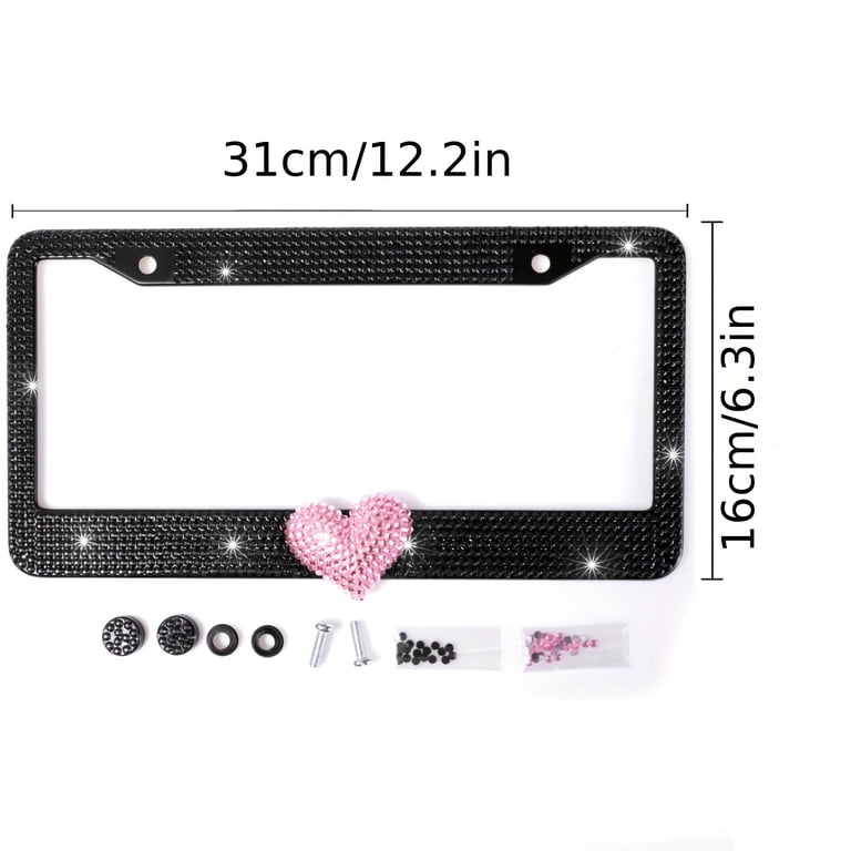 Custom Text License Plate Frame With Pink Crystals - Laser Engraved Metal Frame For Cars, Trucks & SUVs (USA Standard Size)