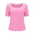 thumbnail image 3 of WTXUE T-Shirts Short Sleeve, Square Neck Shirts for Women's Square Neck Color Block T Shirt 2024 Summer Sli Crop Tops Solid, Knit Tops | Casual for Women Pink S, 3 of 8