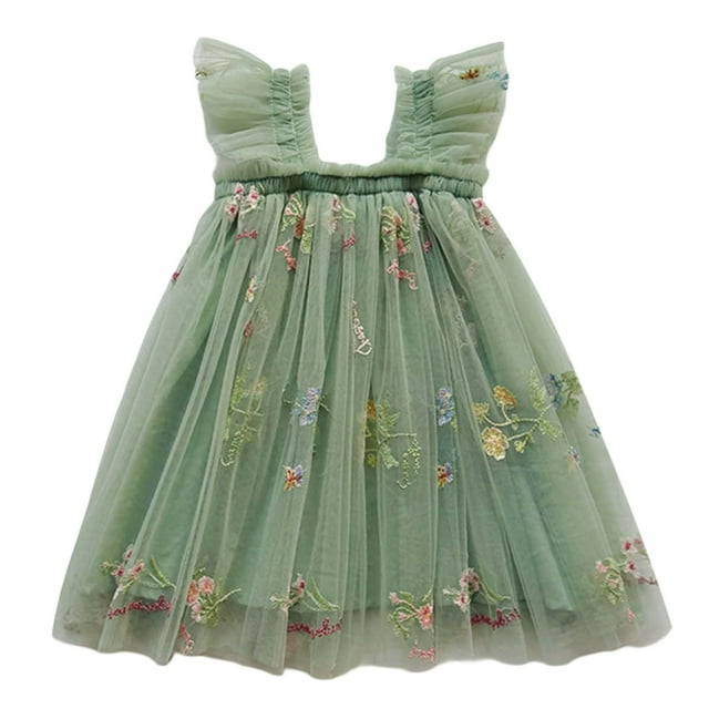 GPOECD Robes Filles Tout-Petits Manches Volantées Brodé Floral Tulle Tutu Robe de Danse Fête Robe Longue Vert,80