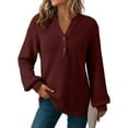 thumbnail image 3 of Women'S V Neck Waffle Knit Henley Tops Casual Long Sleeve Pullover Sweater Blouses Dark Red S, 3 of 7