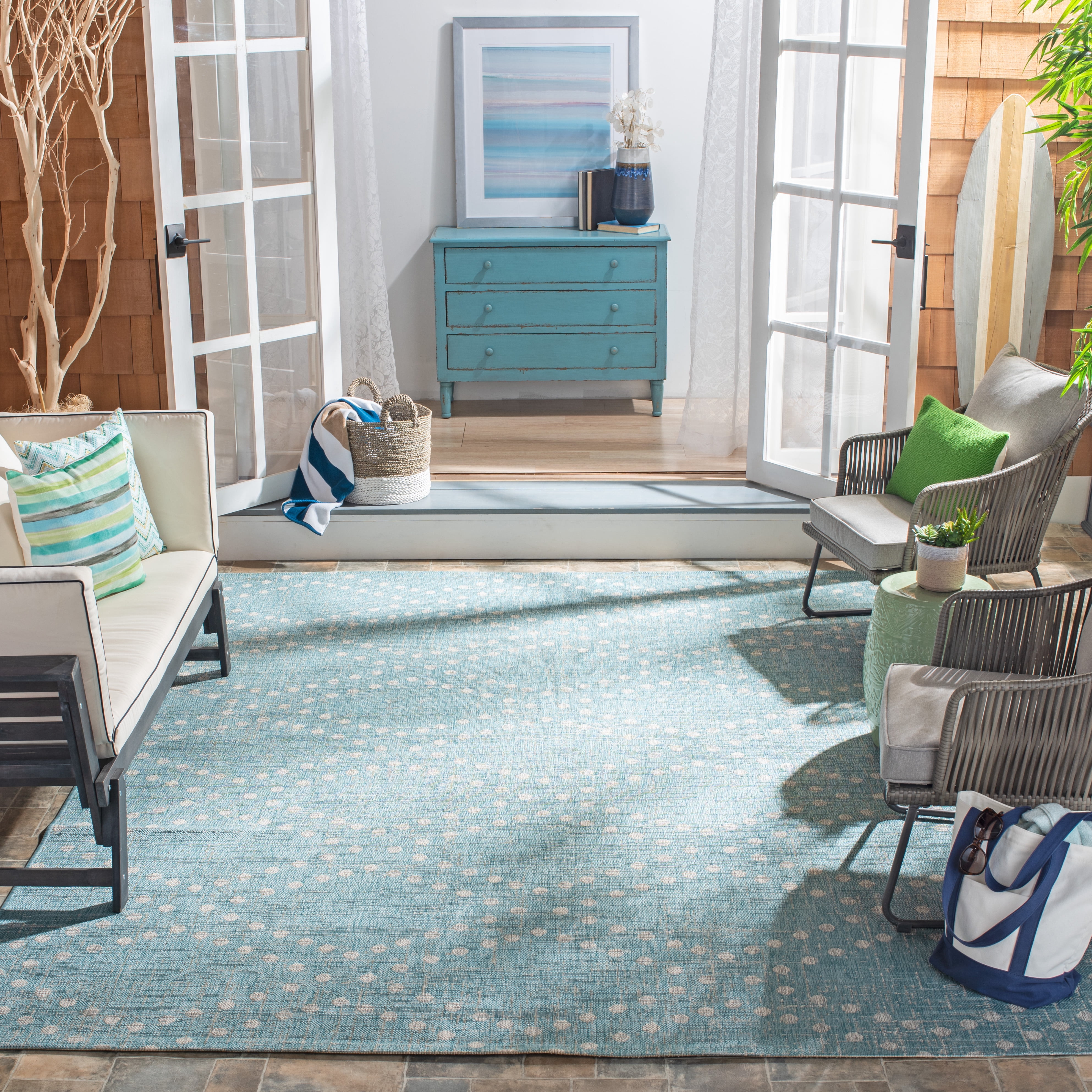 SAFAVIEH Courtyard Ilean Geometric Indoor/Outdoor Area Rug, Aqua/Grey, 8' x 10'