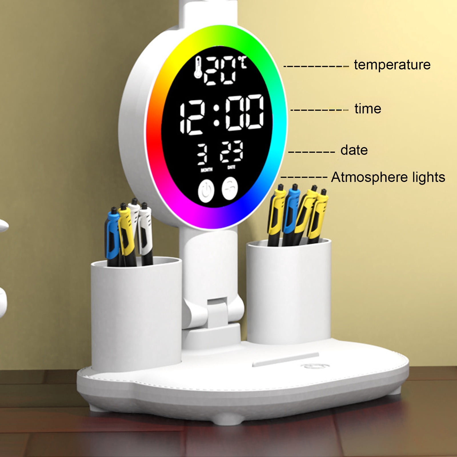 Kumdkd Rechargeable LED Desk Lamp with Fan & Clock - 5-in-1 RGB Study Lamp for Dorm Room | Foldable Computer Desk Light with Temperature Display & Pen Holders (White)
