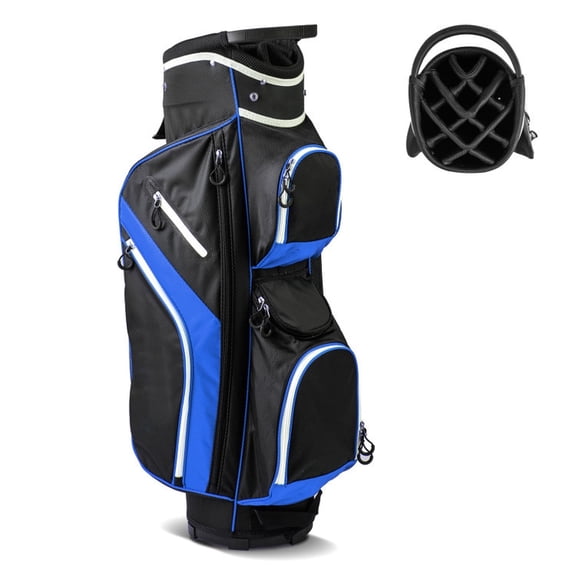 Airfind Tour-Cart 14-Way Golf Cart Bag with Color-Matched Rain Hood and Towel Ring featuring 9 zip pockets and a 9 in cart-well base for cart play, Marine Blue