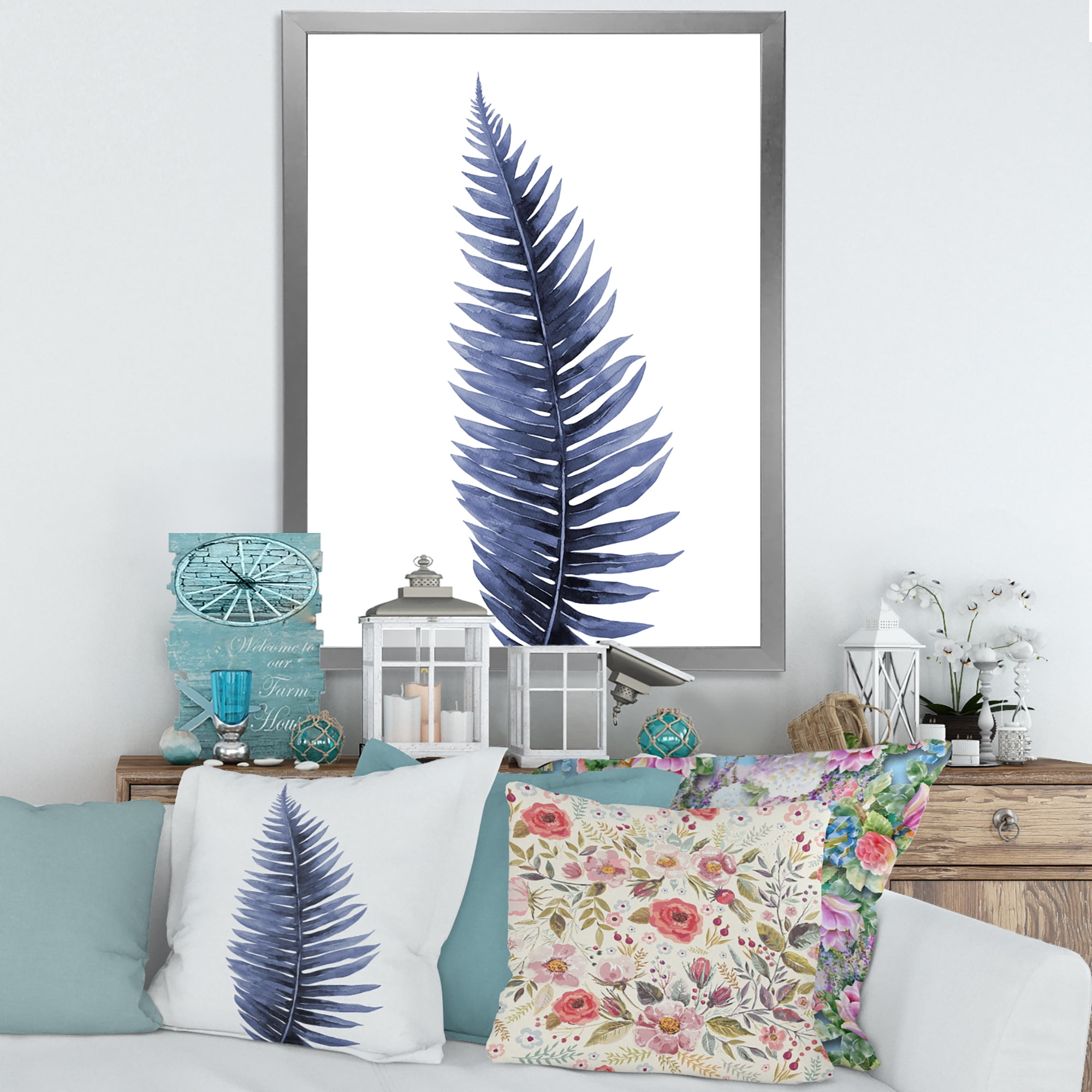 Designart 'Tropical Blue Watercolour Leaves On White' Bohemian & Eclectic Framed Art Print