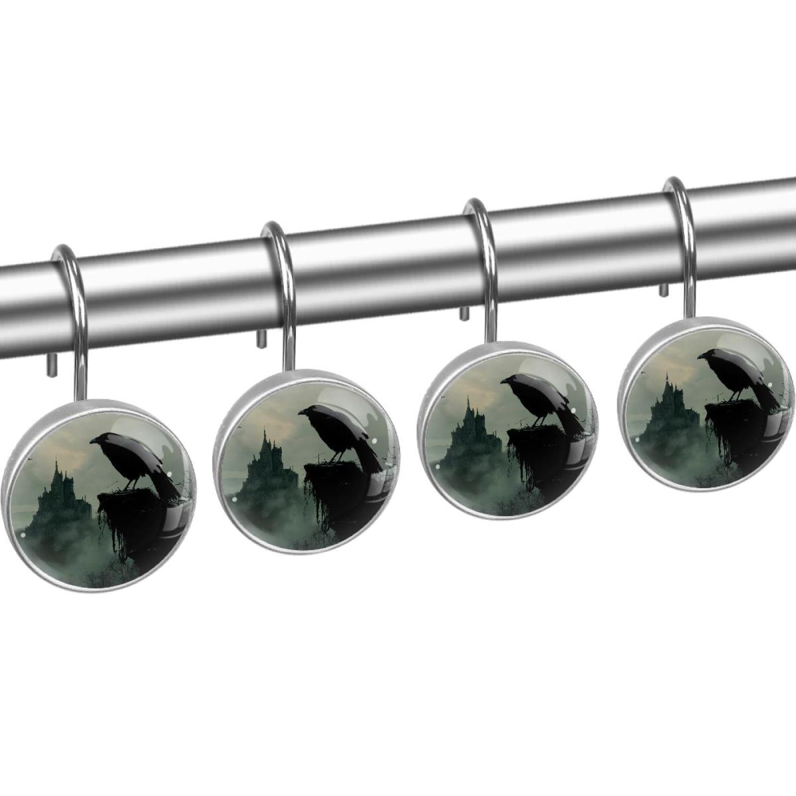 Crow on Stump Shower Curtain Hooks Round Crystal Glass, Set of 12 Shower Curtain Rings - Shower Hooks for Curtain Shower Rings