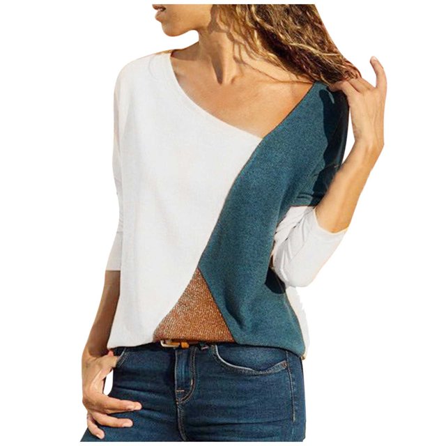 MSJUHEG Hauts pour Femmes Hauts à Manches Longues pour Femmes Col Rond Couleur Collision Manches Longues Grande Taille Hauts Faciles Blouse Hauts d'Automne pour Femmes Blanc TTG
