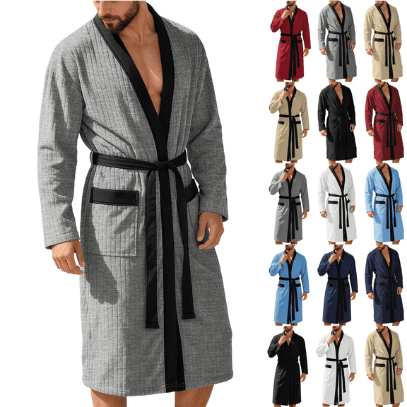 Jopfuhed Mens Robes Lightweight Long Kimono Bathrobe with Pockets Colorblock Breathable Cozy Spa Shower Nightwear Bath Robes