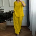 thumbnail image 2 of Hueook 2 Piece Sets For Women Fall Women's Solid Color And Linen Quarter Sleeved Wide Leg Pants Button Decoration Two-Piece Set Suits Yellow 2X, 2 of 6