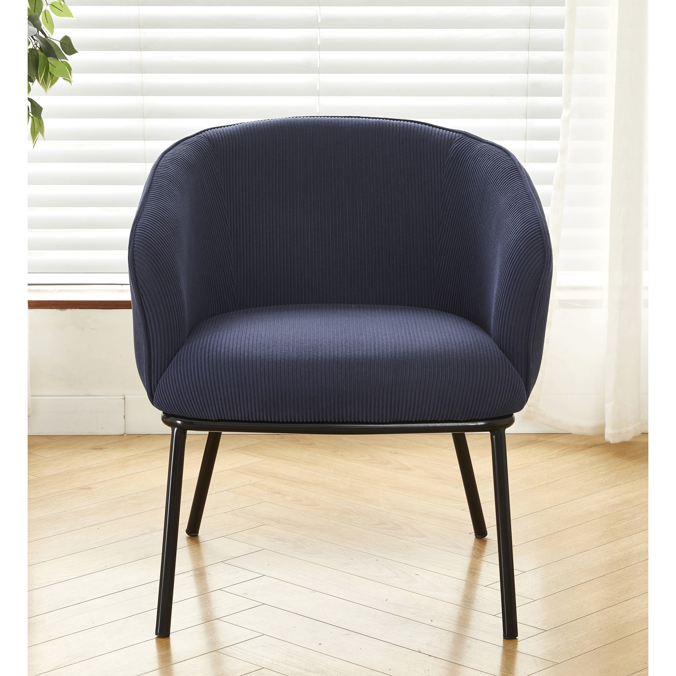 GDF Studio Mid-Century Modern Barrel Accent Chair with Corduroy Upholstery & Metal Legs, Dark Blue